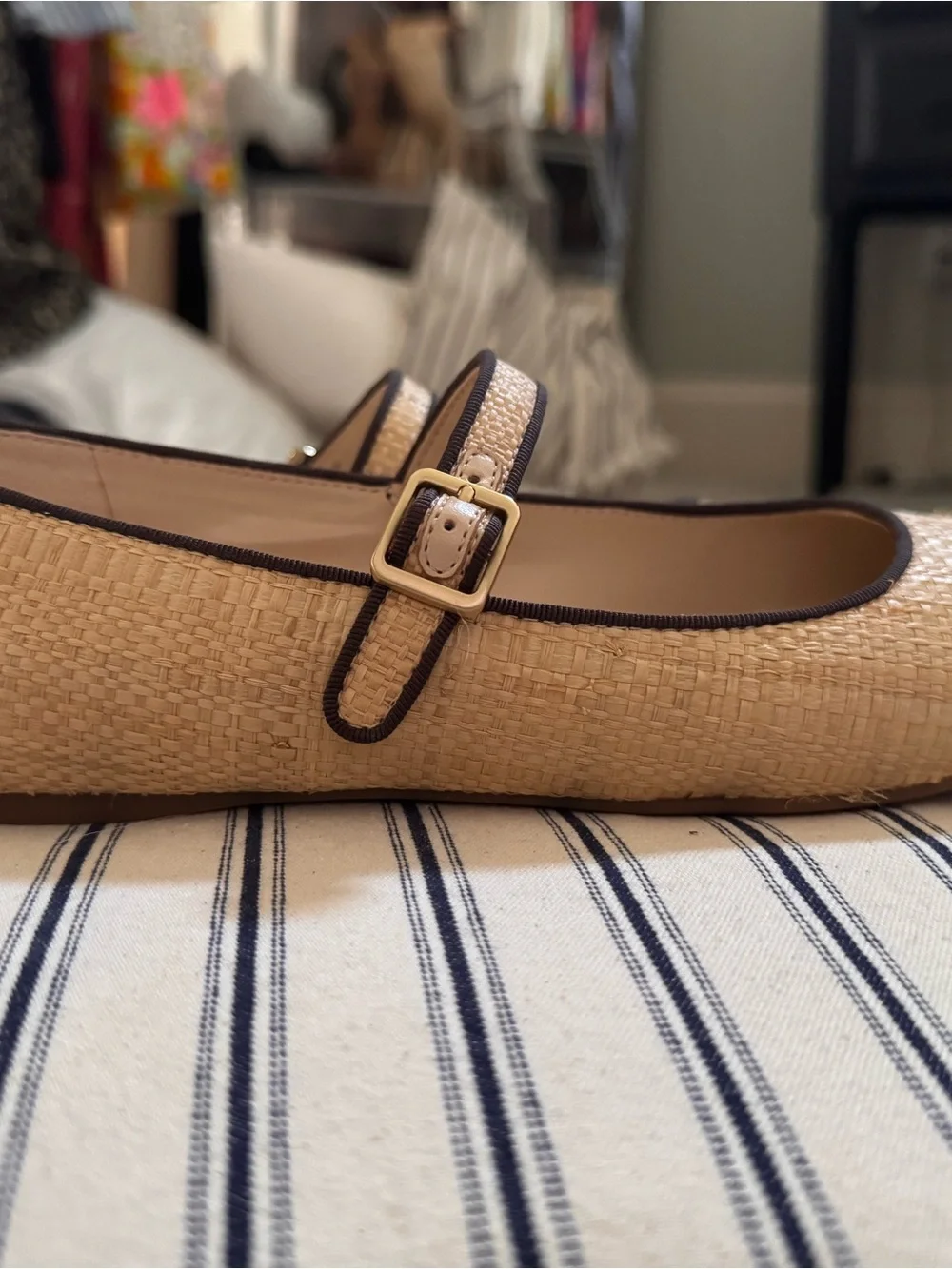 Marc Fisher Natural Straw Mary Jane Flats with Black Trim